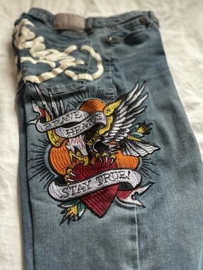 Ed Hardy Modern Y2K Wide Leg Jeans "Brave Hearts Stay True" Size 28